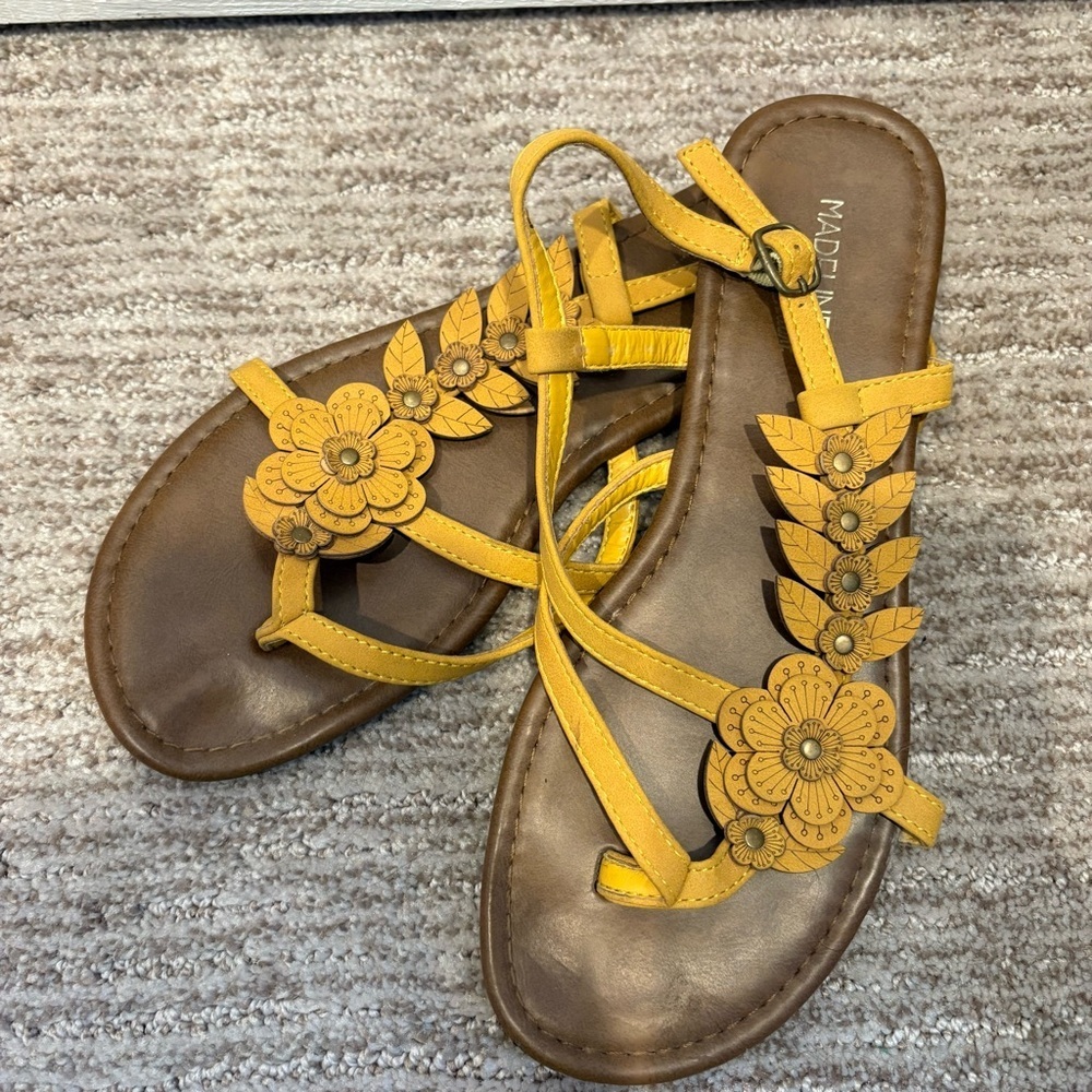 Madeline Stuart Yellow Flower Strappy Sandals - Size 8W
